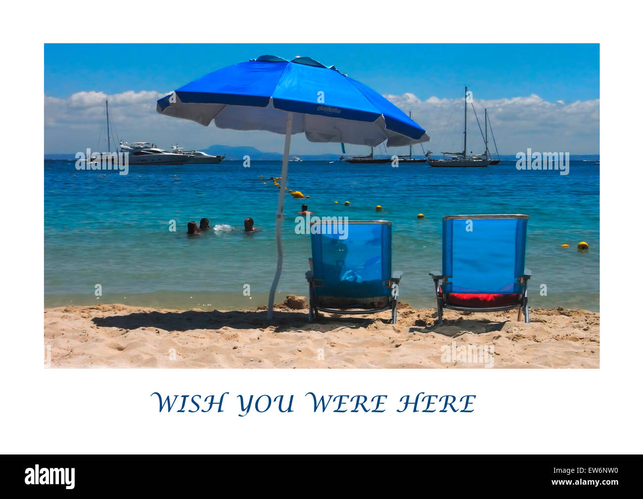 "wish you were here" Postkarte, die ich aus einer Aufnahme im Ferienort Palma Nova auf der Insel Mallorca Stockfoto