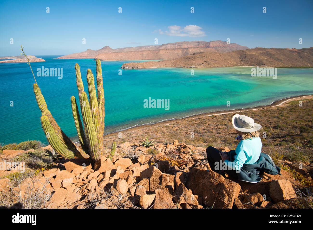Mexiko, Baja, Lapaz, Espiritu Santo. Entspannende Tourist am Hügel. Stockfoto