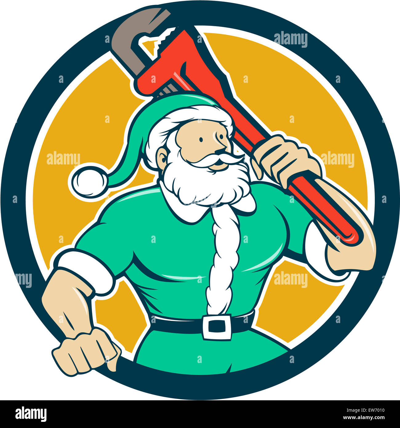 Abbildung von einem muskulösen Santa Claus saint Nicholas Vater Weihnachten Tragetasche Schraubenschlüssel grünen Anzug Set im inneren Kreis auf isolierte Hintergrund getan im Cartoon-Stil trägt. Stockfoto