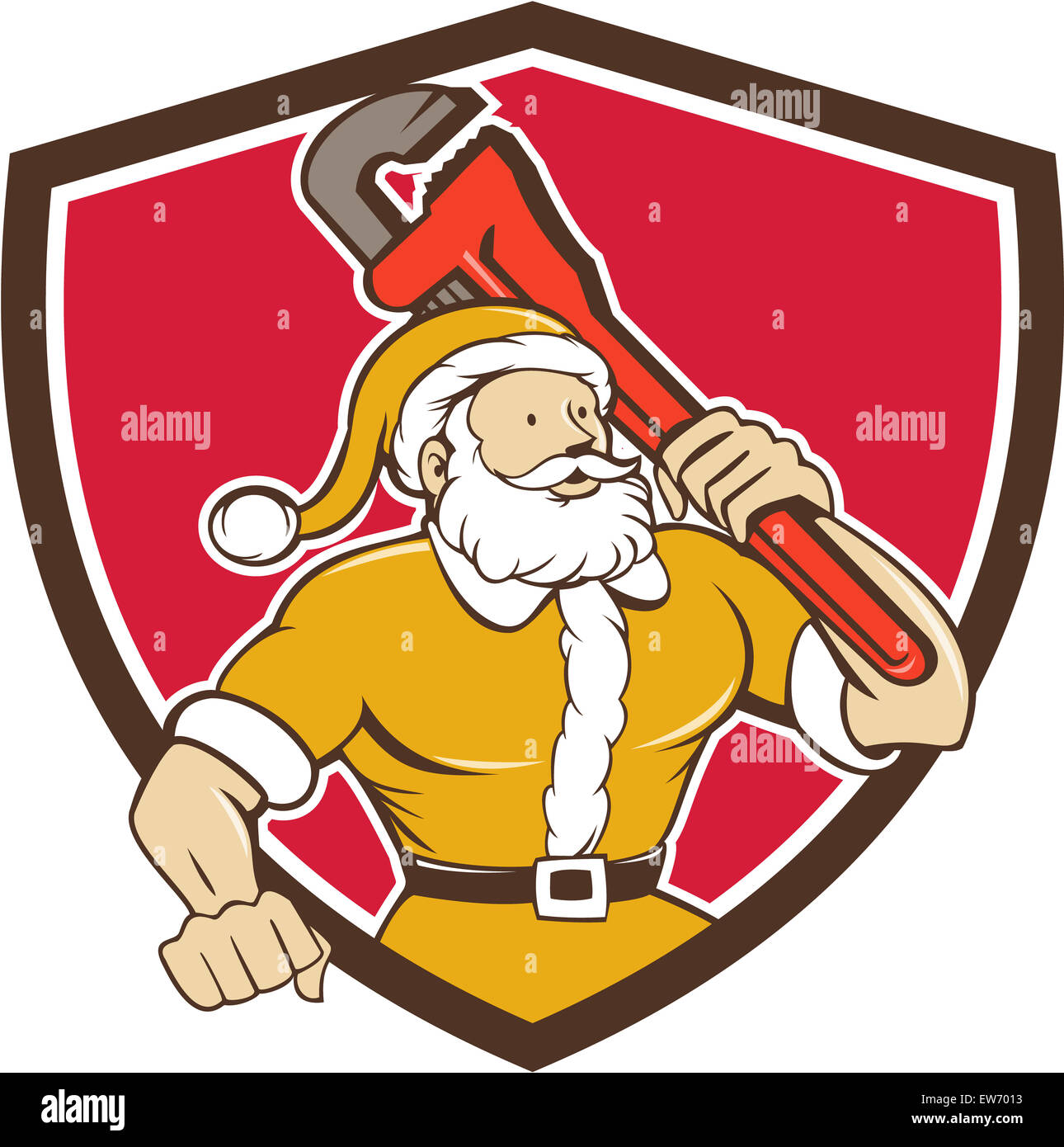 Illustration des Santa Claus Sankt Nikolaus Vater Weihnachten Tragetasche Schraubenschlüssel tragen gelbe Anzug Blick auf die Seite legen innen Schild Wappen auf isolierte Hintergrund getan im Cartoon-Stil. Stockfoto