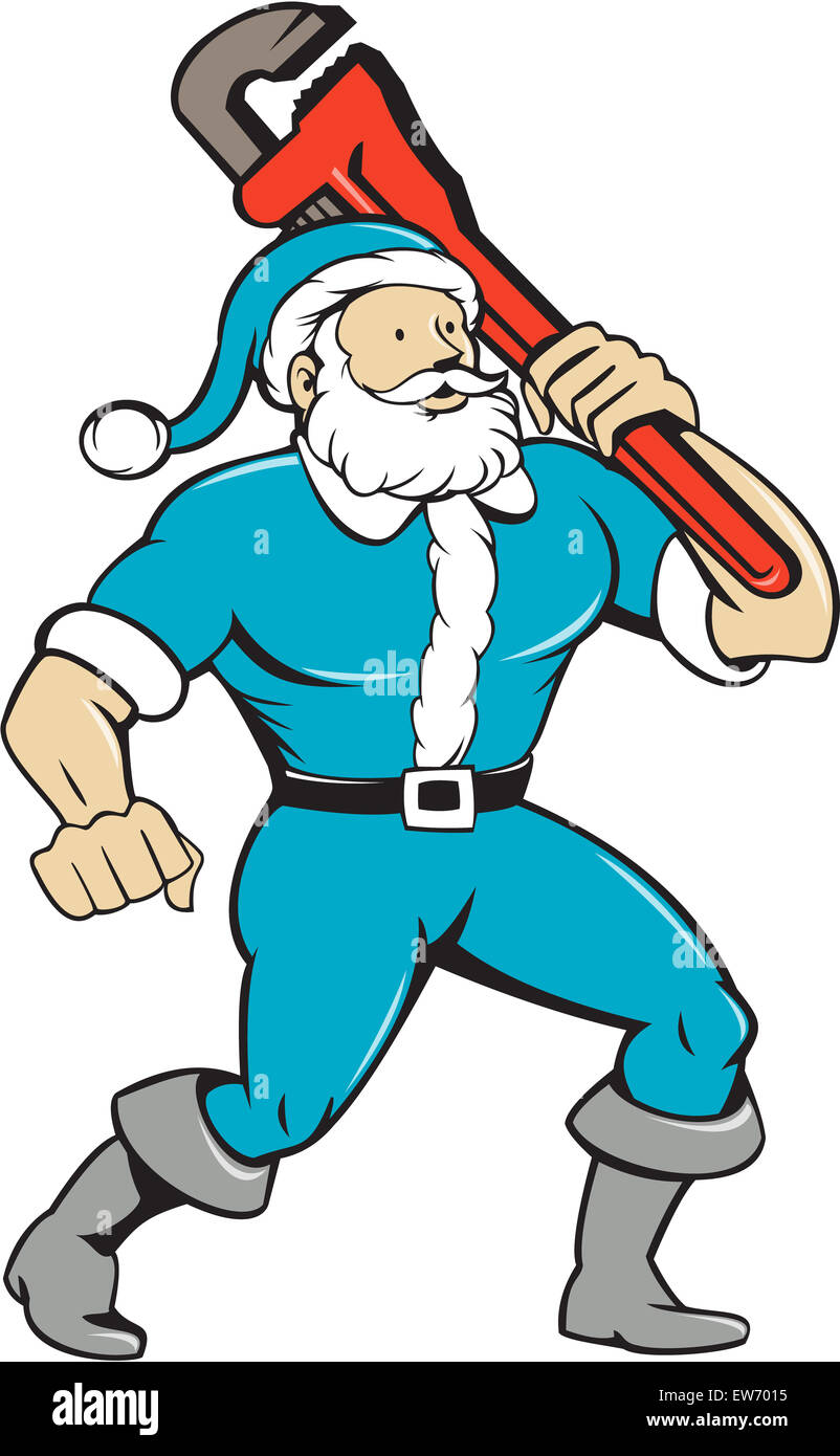 Abbildung eine muskuläre Santa Claus Sankt Nicholas Vater Weihnachten Tragetasche Schraubenschlüssel tragen blaue Anzug Blick auf die Seite setzen auf isolierten weißen Hintergrund im Cartoon-Stil gemacht. Stockfoto