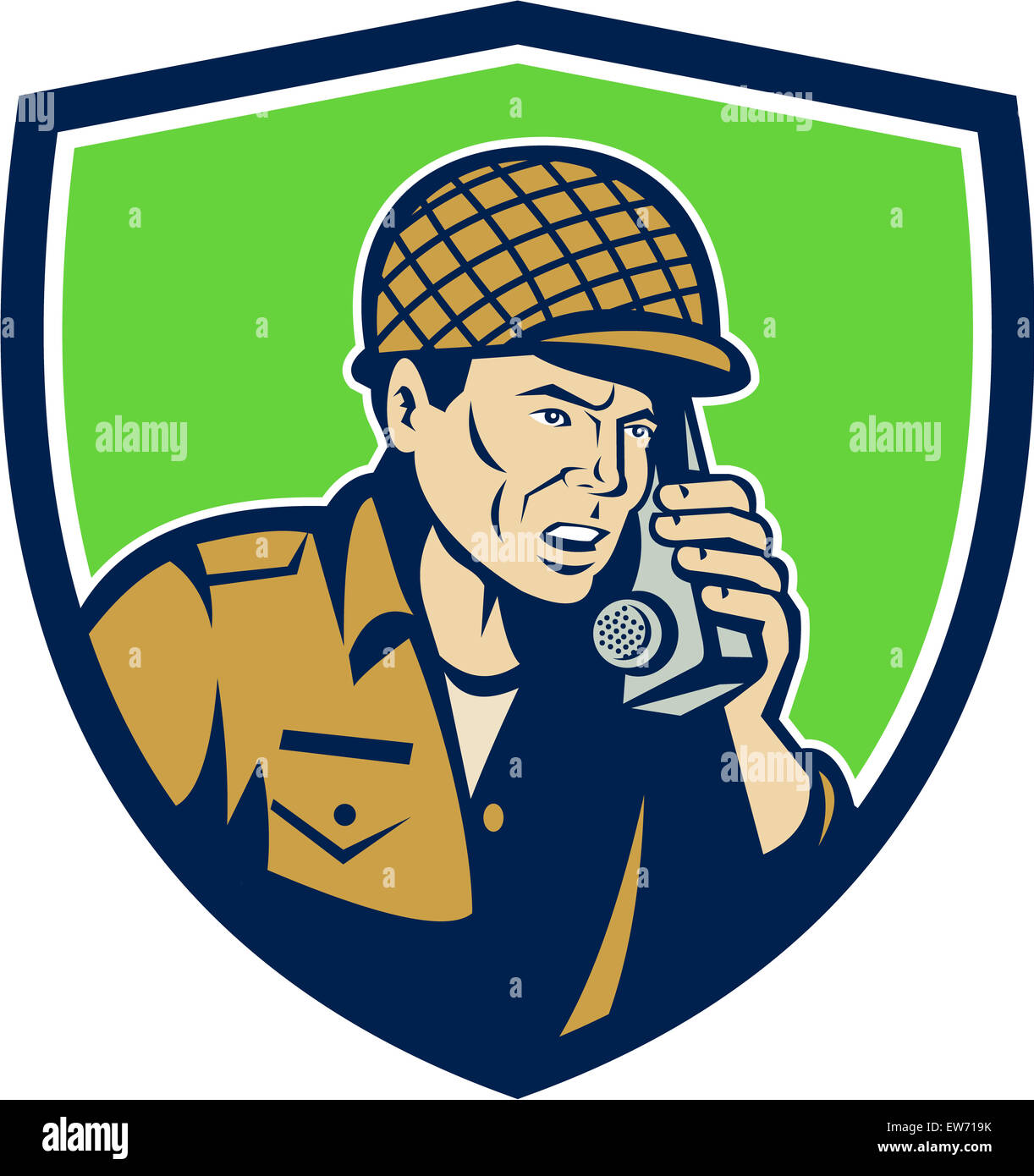 Beispiel für ein zweiter Weltkrieg amerikanischer Soldat Soldat am Feld Radio Walkie-talkie angesehen von vorne eingestellt innen Schild Wappen auf isolierte Hintergrund getan im retro-Stil sprechen. Stockfoto