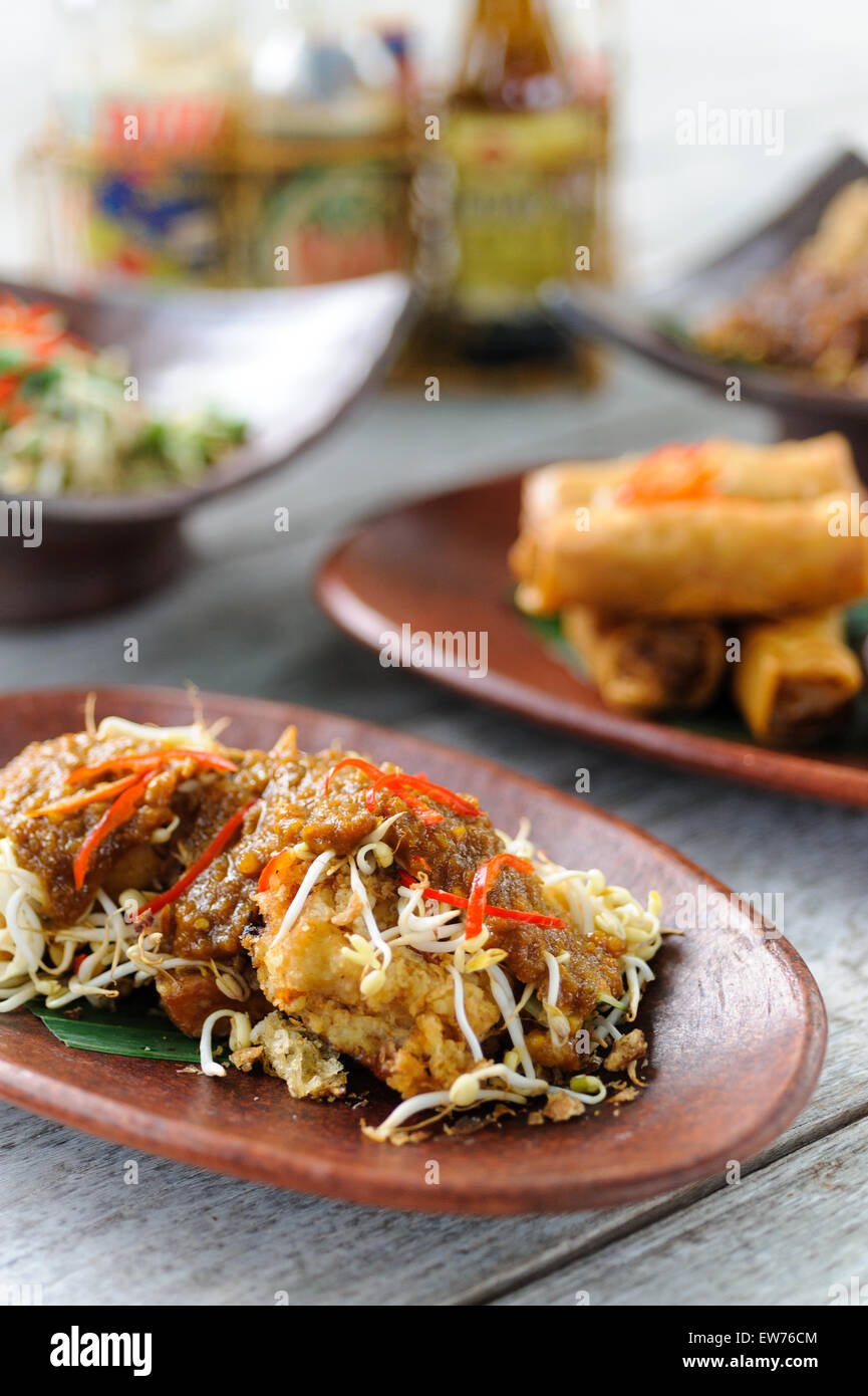Eine Auswahl an indonesischen Gerichten wie Frühlingsrollen, Gado Gado und Gemüse. Stockfoto