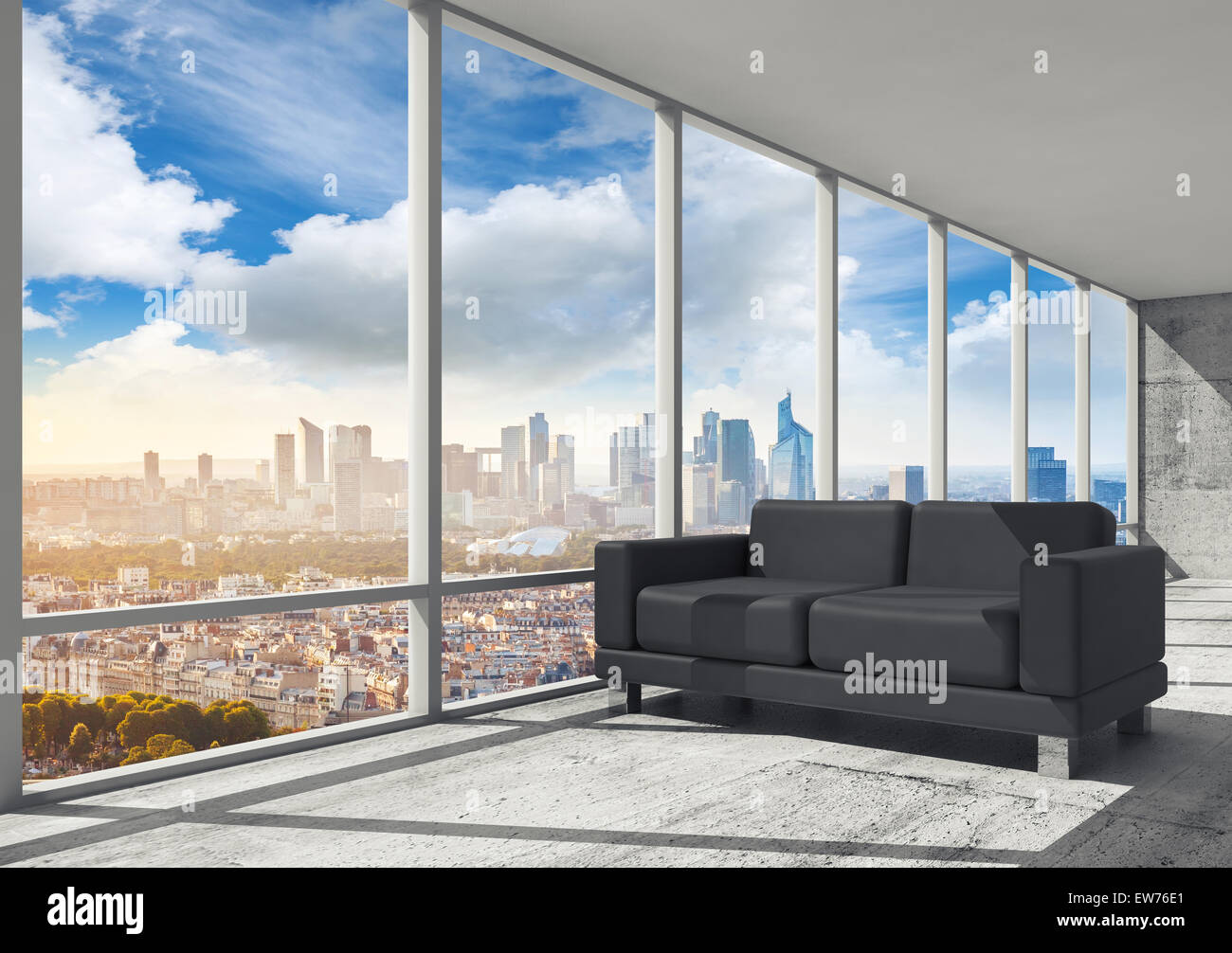 Interieur, Arbeitszimmer mit Betonboden, Fenster und schwarzen Ledersofa, 3D-Illustration mit großen Stadtbild Skyline auf abstrakte Stockfoto