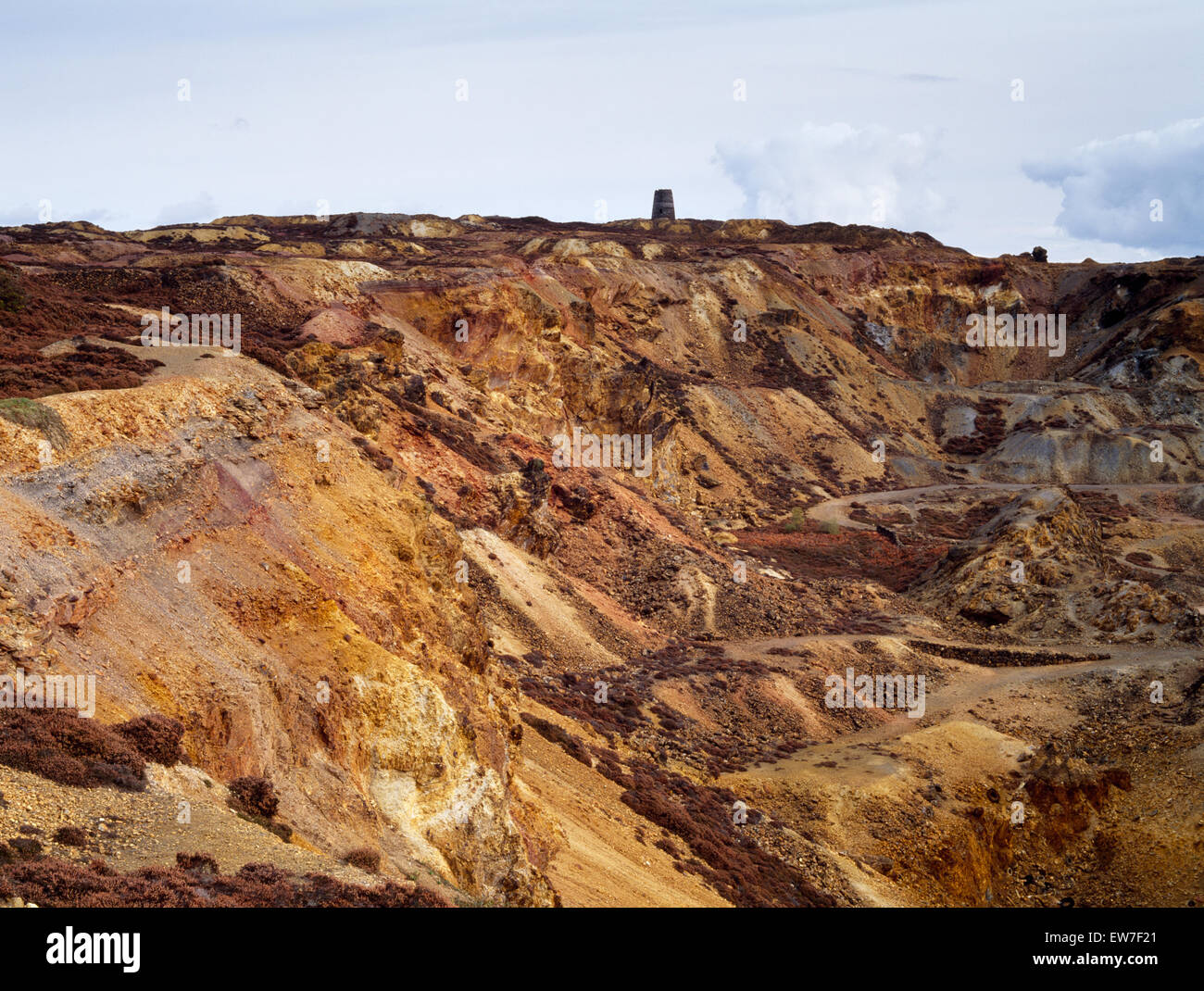 Großen Opencast Kupfermine auf Anglesey Parys Berg: mitgelieferte Großteil der Welt ist seit ein paar Jahren nach 1768 Kupfer. Windmühle Wasserpumpe von 1878. Stockfoto