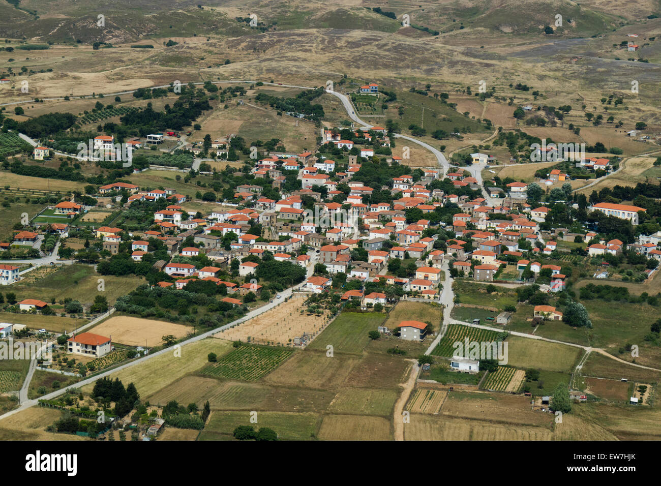 Luftaufnahme von einem Dorf auf der Insel Chios, Griechenland Stockfoto