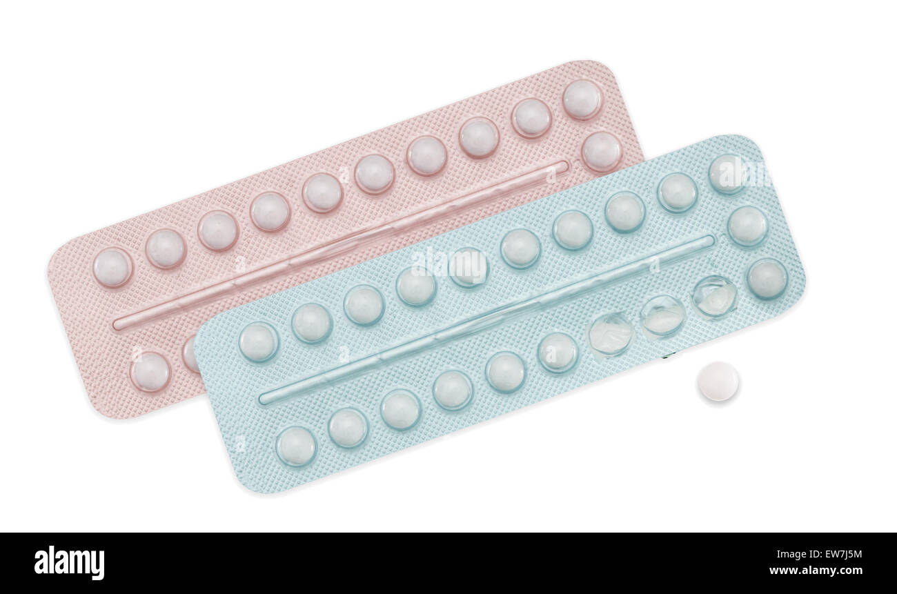 Männliche empfängnisverhütende Pille und weiblichen. Packs.On weiß. Stockfoto