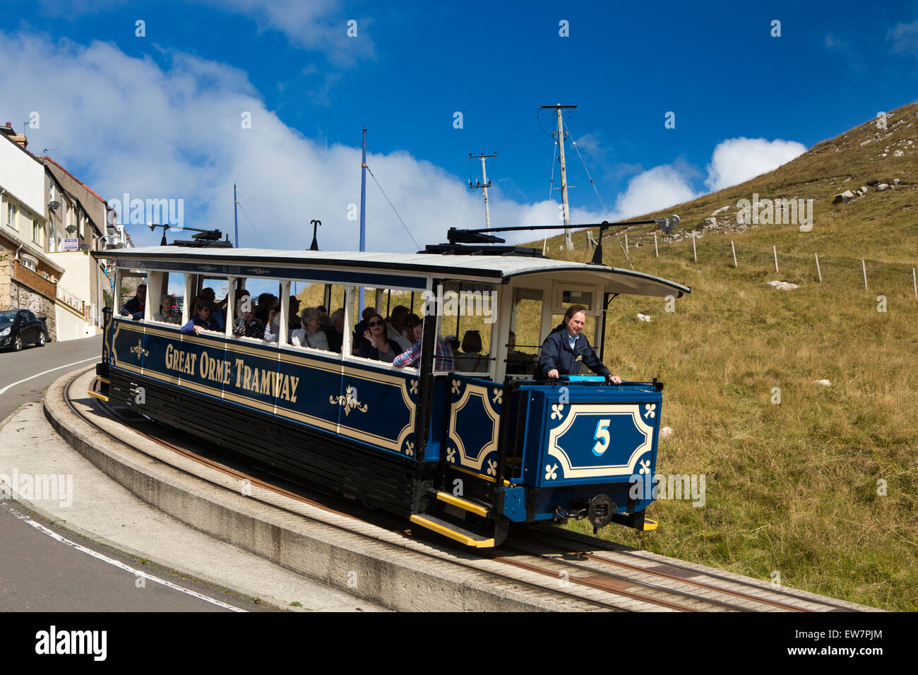 Großbritannien, Wales, Conwy, Llandudno, Ty Gwyn Road, Great Orme Straßenbahn Straßenbahn absteigend steilen Hügel Stockfoto