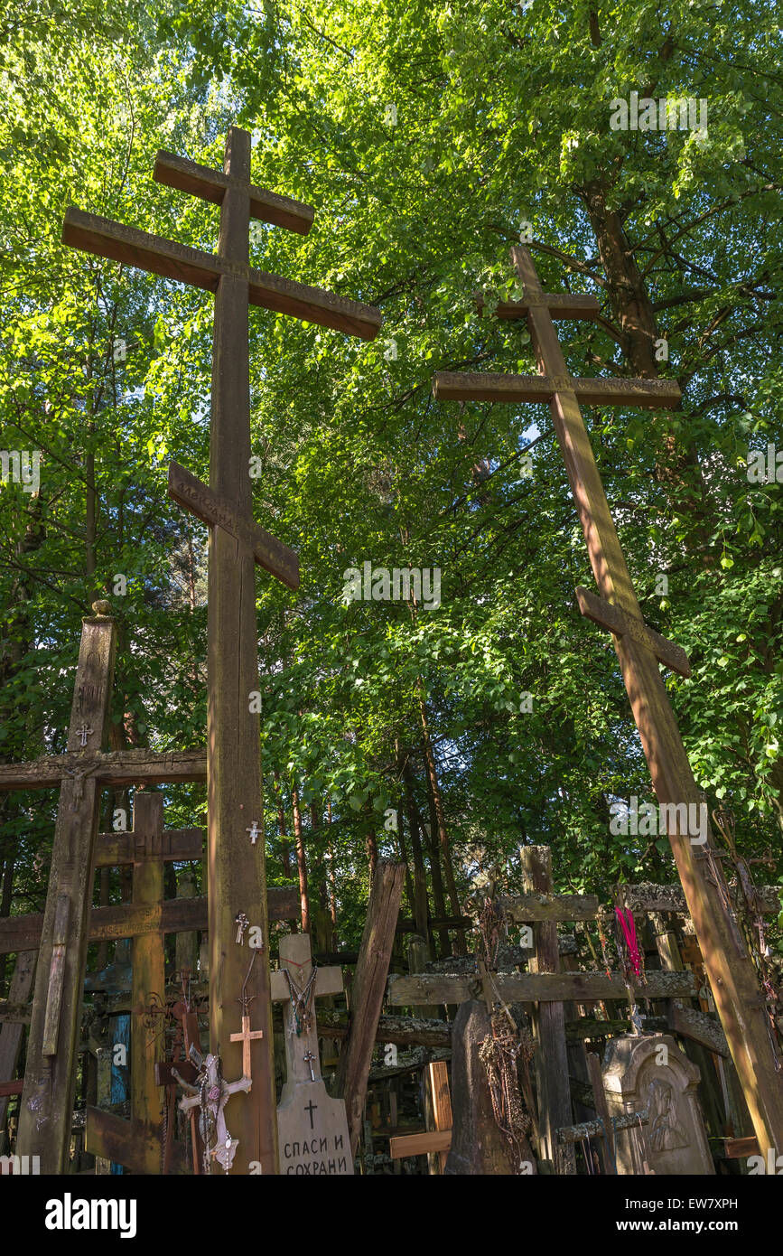 Holzkreuze auf dem Heiligen Berg Grabaka in Polen Stockfoto