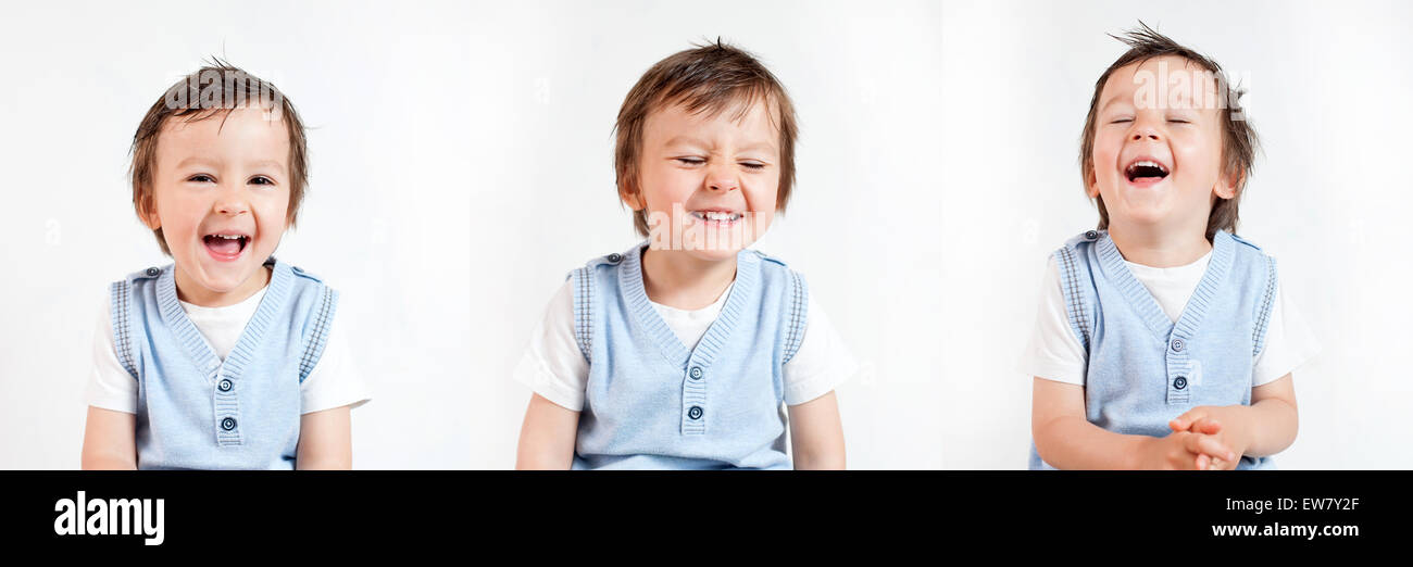 Junge, Gesichter machen lustig auf weißem Hintergrund Stockfoto
