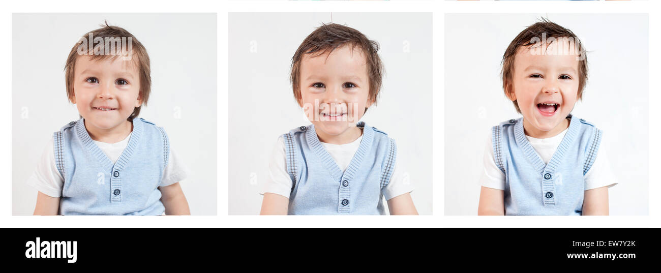 Junge, Gesichter machen lustig auf weißem Hintergrund Stockfoto