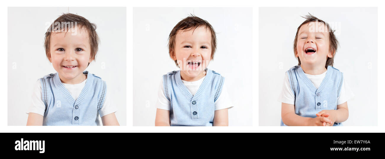 Junge, Gesichter machen lustig auf weißem Hintergrund Stockfoto