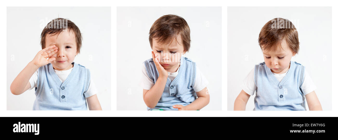 Junge, Gesichter machen lustig auf weißem Hintergrund Stockfoto