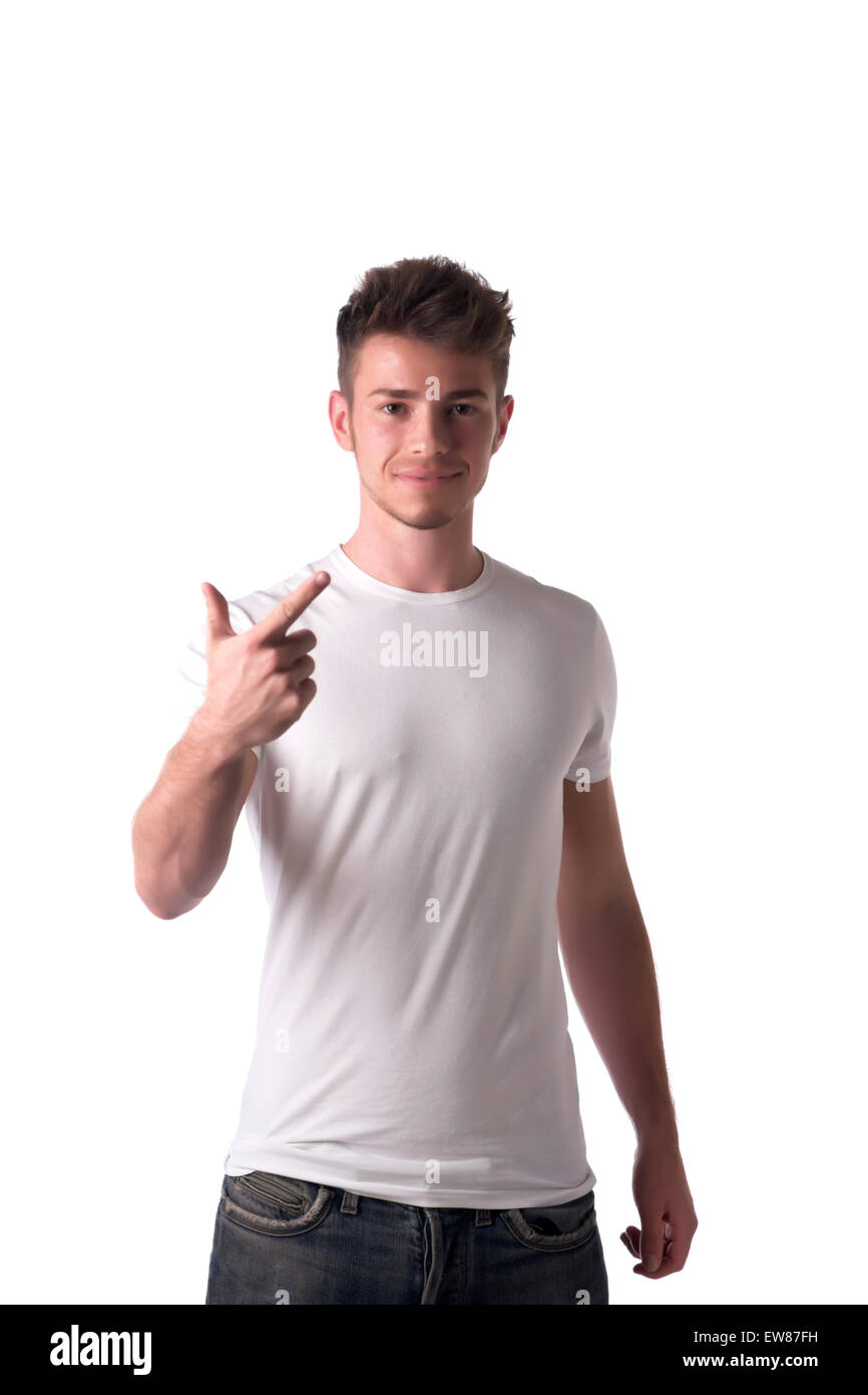 Attraktive junge Mann zählen bis 2 mit Fingern und Händen, isoliert auf weißem Hintergrund Stockfoto
