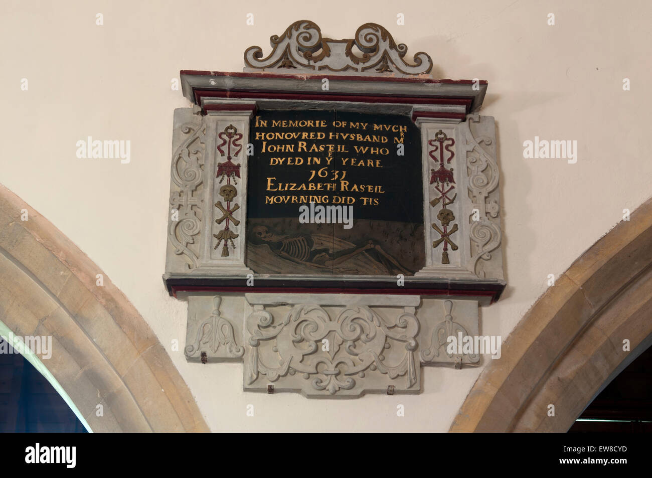 John Rasteil-Denkmal, St. Maria die Jungfrau Kirche, Forthampton, Gloucestershire, England, UK Stockfoto