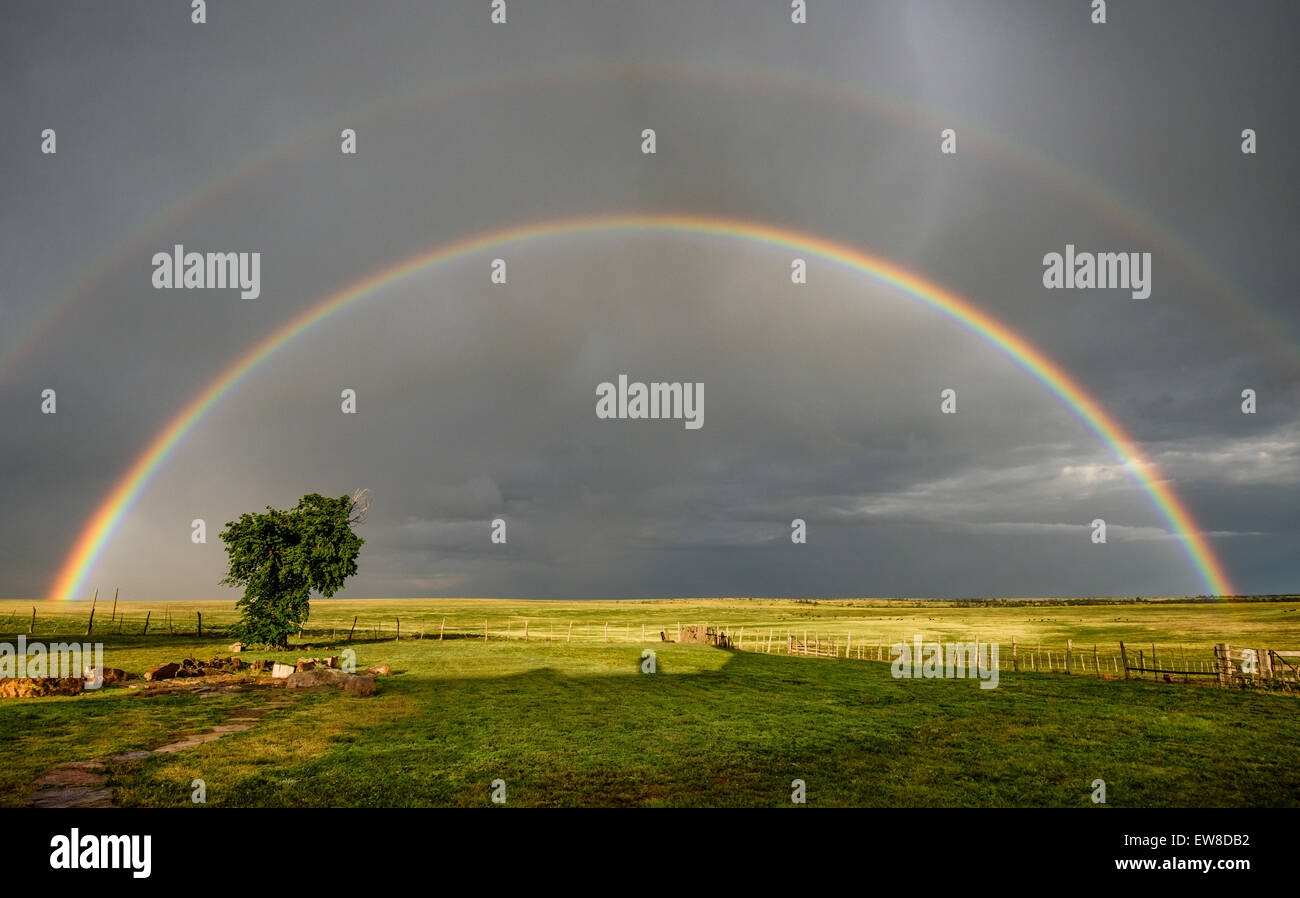 Doppelter Regenbogen auf Ranch Landschaft in New Mexico USA. Stockfoto