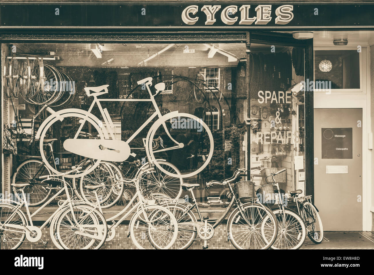 Zyklen-Händler und Werkstatt mit Fahrrädern auf dem display Stockfoto