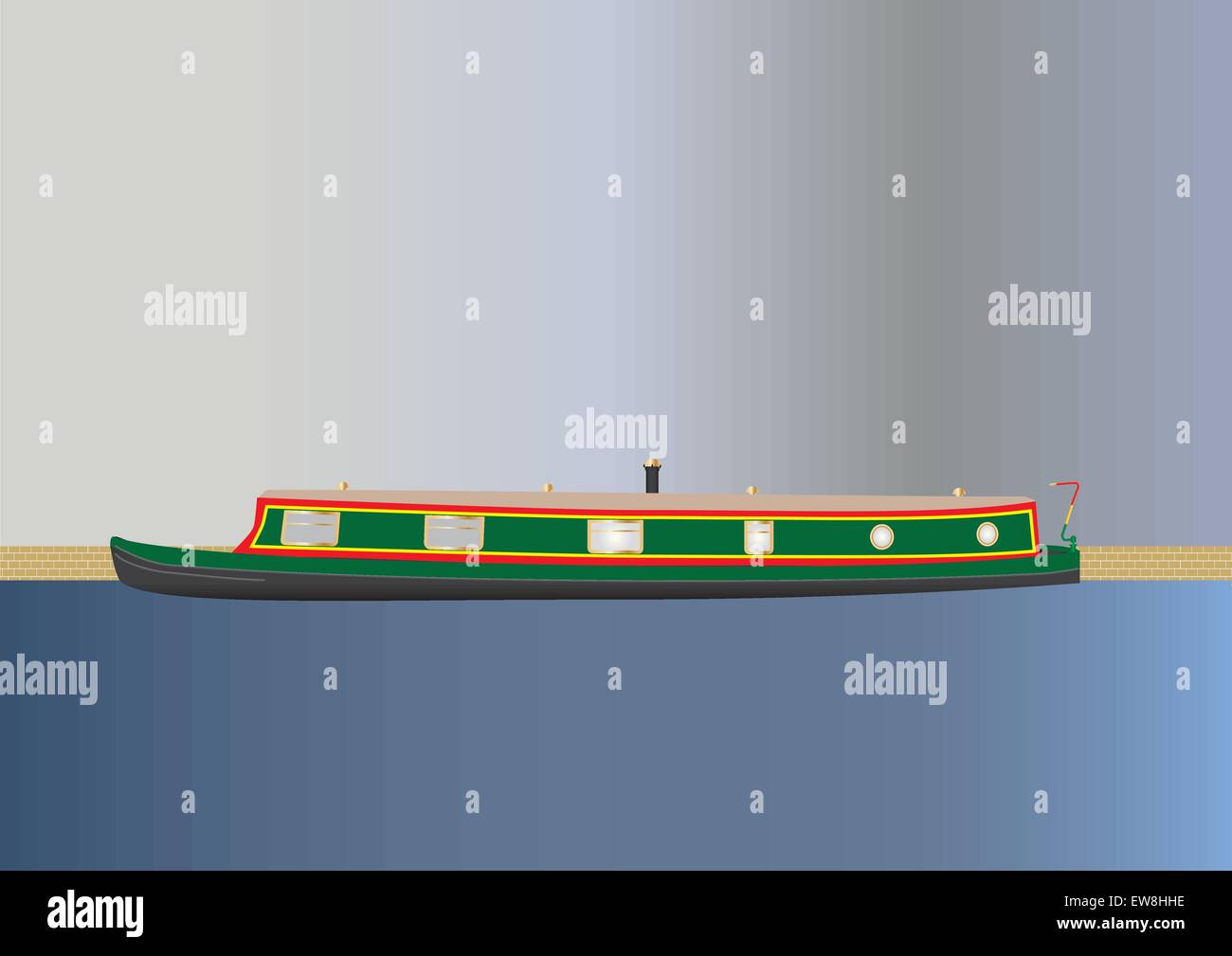 Eine grüne und rote Narrowboat oder Schiff schwimmt auf einem Kanal mit einem Himmelshintergrund Stock Vektor