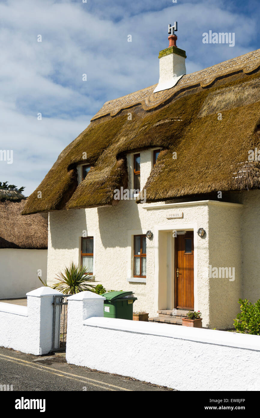 Irland, Co. Wexford, Kilmore Quay, idyllische Reetdachhaus im Zentrum des Dorfes Stockfoto