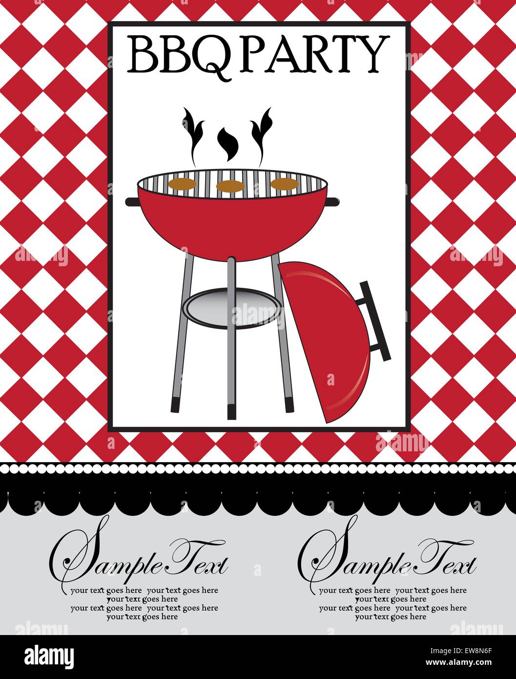 Vintage Grillparty Einladungskarte mit verzierten elegante Retro Design, rot Grill auf karierten roten und weißen Hintergrund. Vector Illustration. Stock Vektor