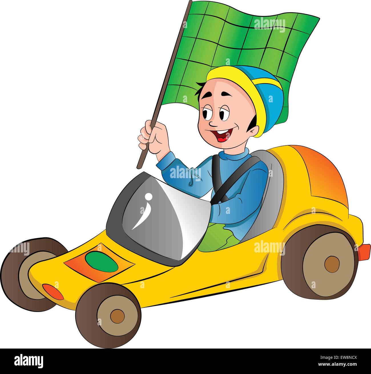 Junge in ein Go Kart mit eine grüne Flagge, Vektor-illustration Stock Vektor