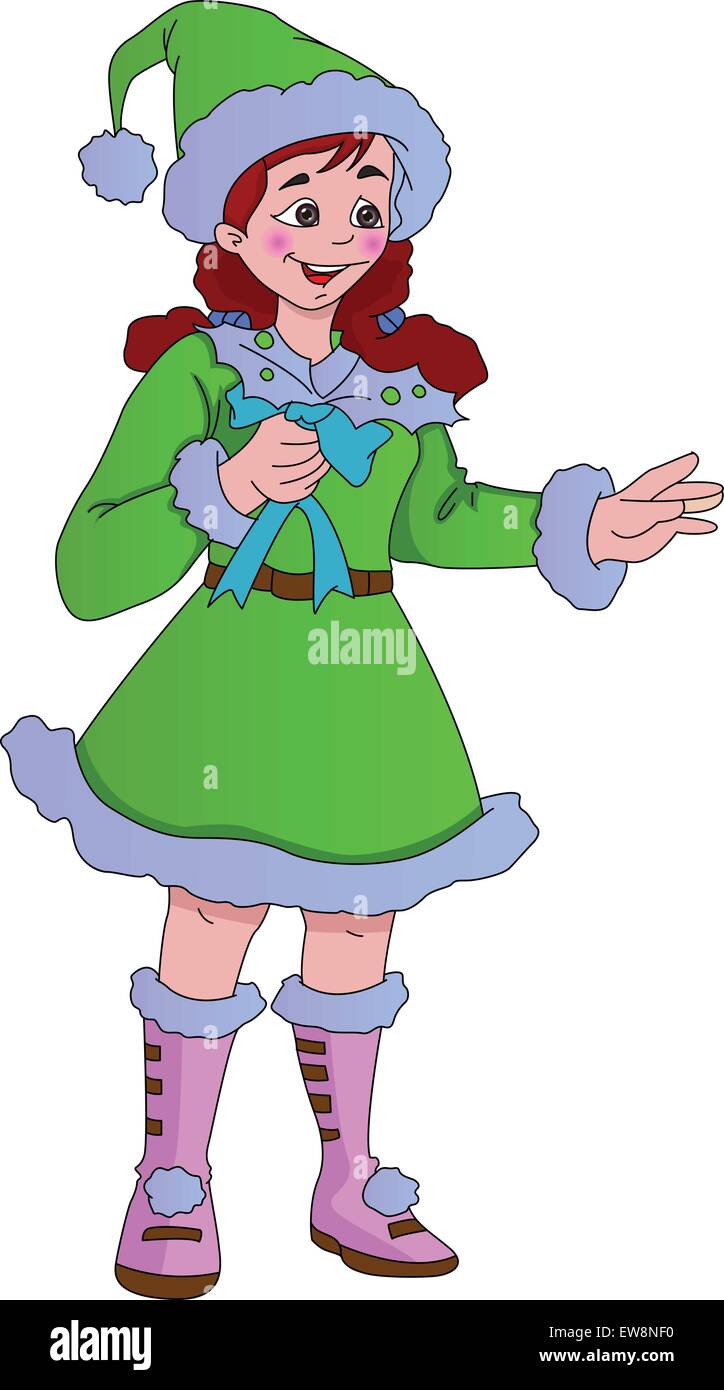 Junge Dame in einem Green Christmas Elf Kostüm, Vektor-illustration Stock Vektor