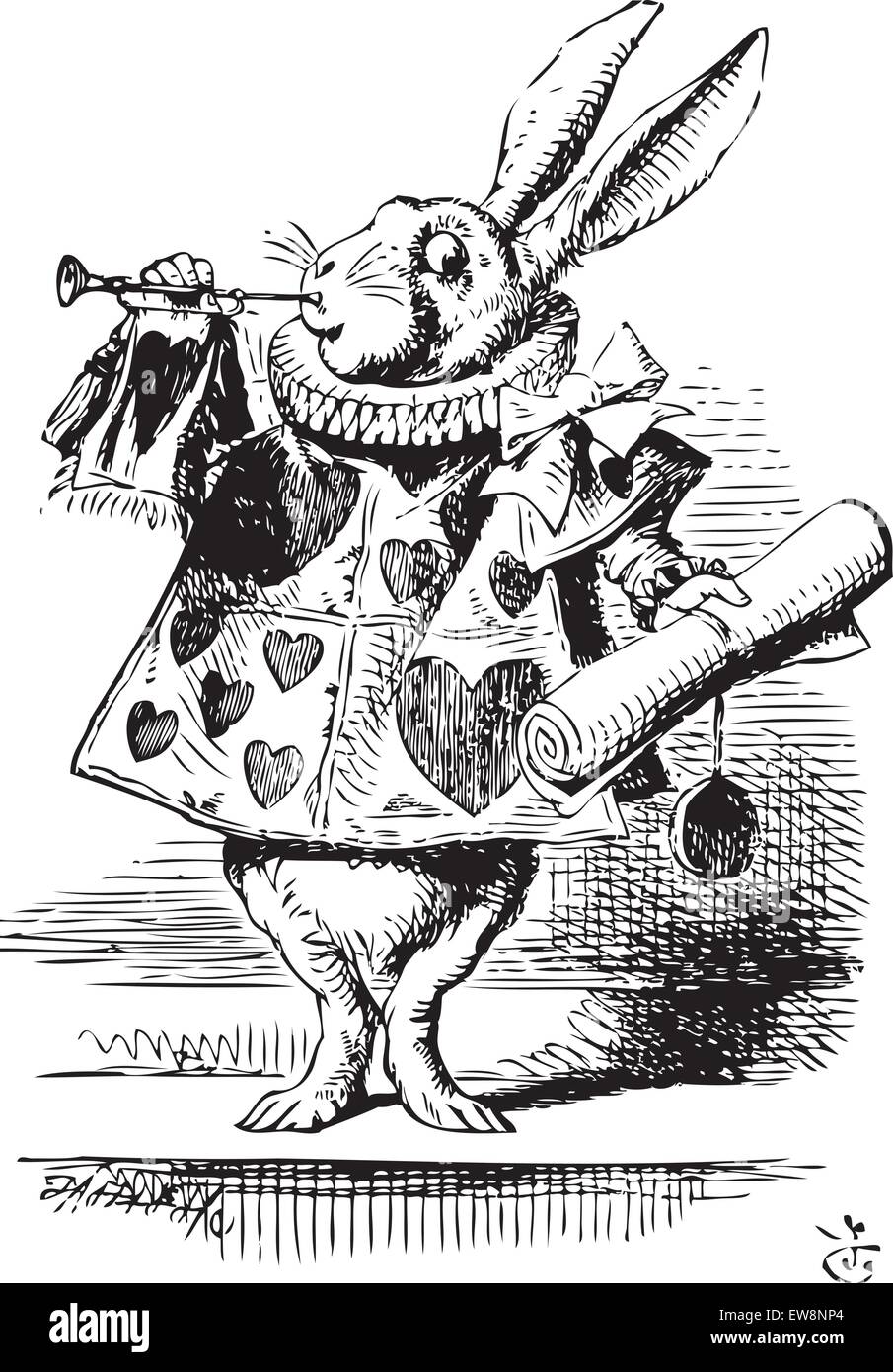 White Rabbit, gekleidet wie ein Herold, Blasen Trompete - Alice's Adventures in Wonderland original vintage Gravur. In der Nähe der King war das weiße Kaninchen mit Trompete in der einen Hand und eine Rolle Pergament in der anderen. Abbildung kann von John Tenniel, im Jahre 1865 veröffentlicht. Stock Vektor