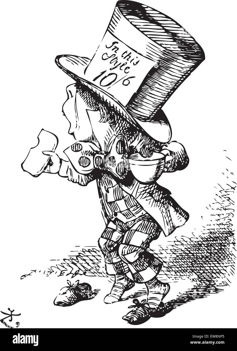 Das Mad Hatter kommt hastig vor Gericht auszusagen - Alice's Adventures in Wonderland original vintage Gravur. Der erste Zeuge war der Hutmacher. Er kam mit einer Teetasse in der Hand und einem Stück Brot-und-Butter in der anderen. Abbildung kann von John Tenniel, im Jahre 1865 veröffentlicht. Stock Vektor