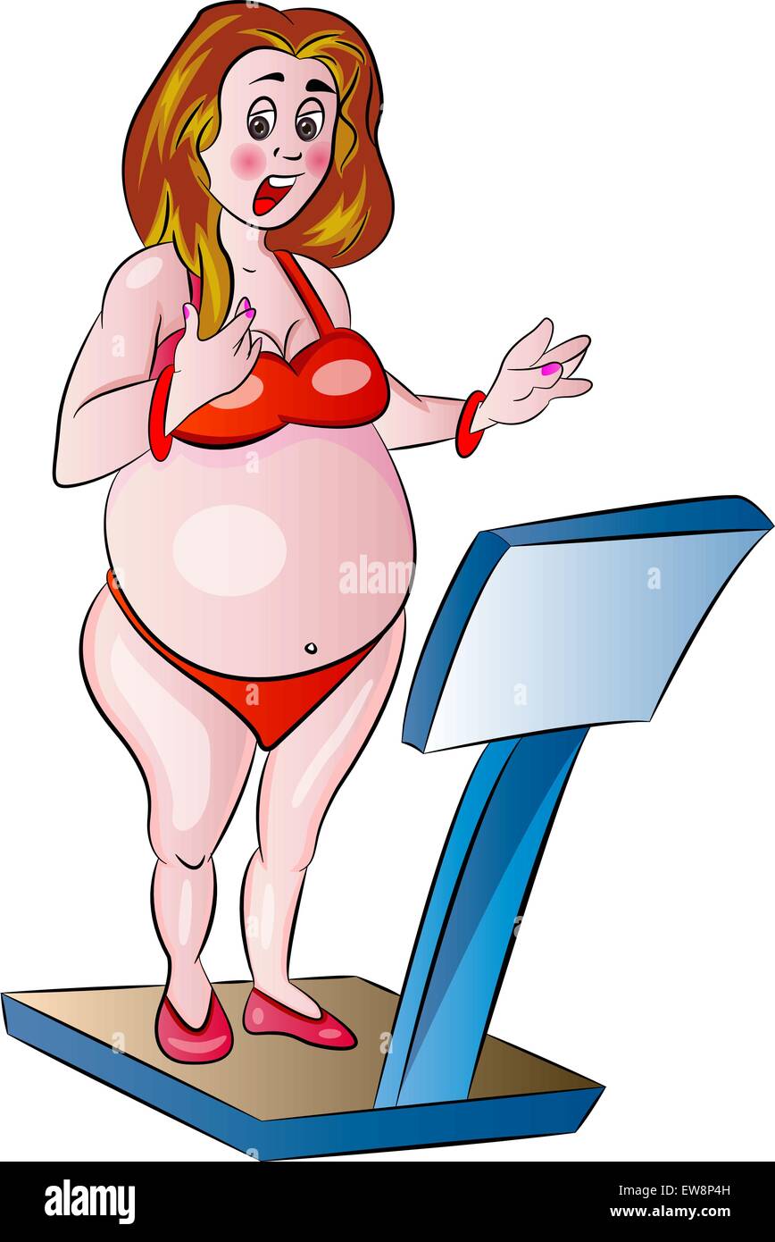 Übergewichtige Frau auf einer Skala, Vektor-illustration Stock Vektor