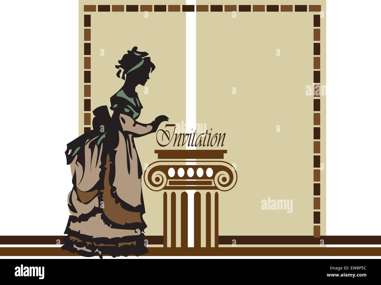 Dame in altmodische Kleidung auf beige grau Rahmen mit Hellbraun Dunkelbraun gestrichelte Rahmen Design mit griechischen Spalte. Vector Illustration. Stock Vektor