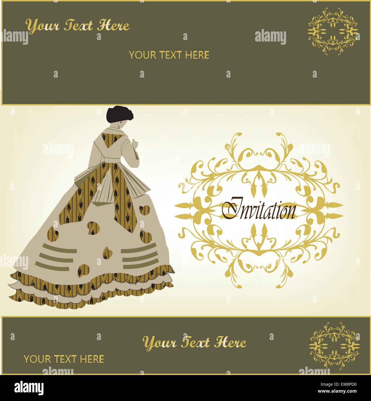 Vintage Einladungskarte mit verzierten elegante Retro abstrakt Floral Design, gold Blumen und Blätter auf dunklen Olivgrün und hellgelben Hintergrund mit Dame in ein Kleid und Beschriftung. Vector Illustration. Stock Vektor