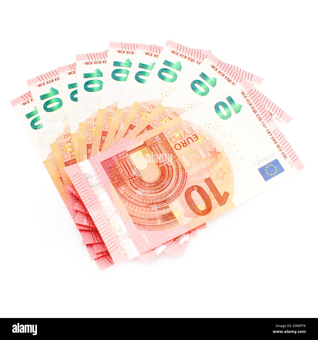 Fan von €10-Euro-Banknoten auf einem weißen Hintergrund. Stockfoto