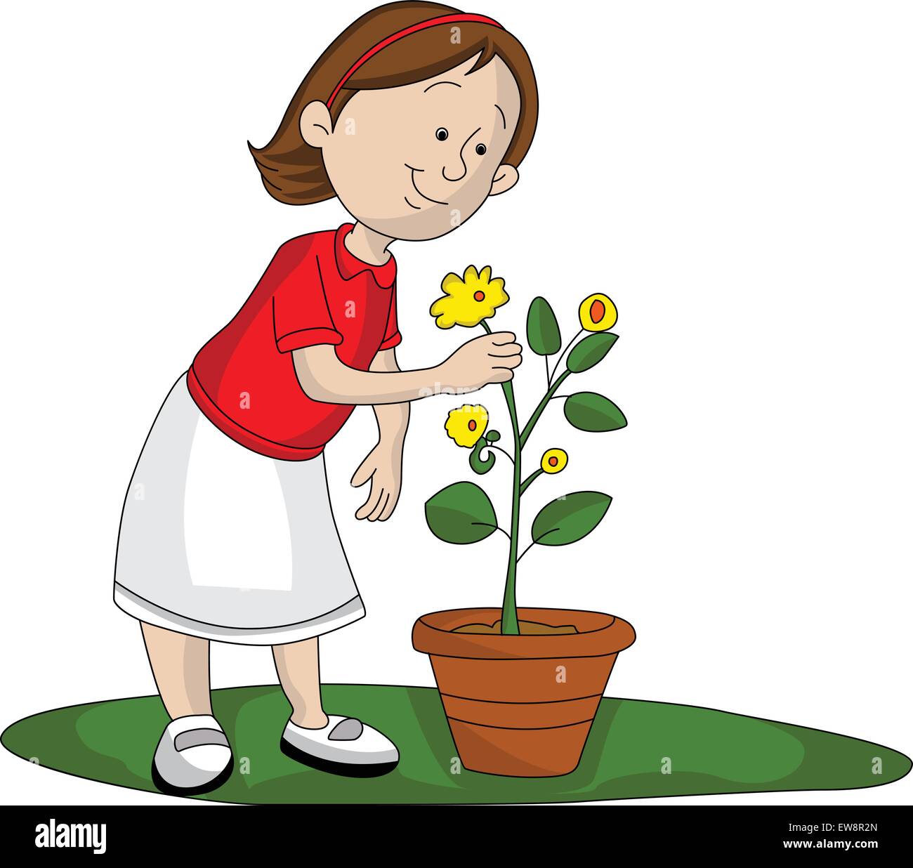 Vektor-Illustration des Mädchens Abholung gelbe Blume von Blumentopf. Stock Vektor