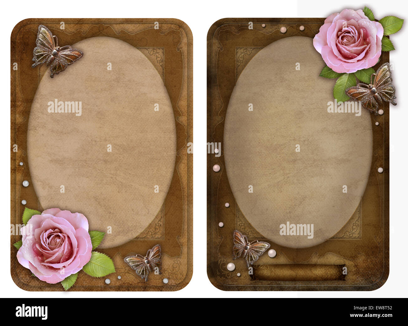zwei alte Papier-Bilderrahmen mit Schmetterling und Rose isoliert auf weißem Hintergrund Stockfoto
