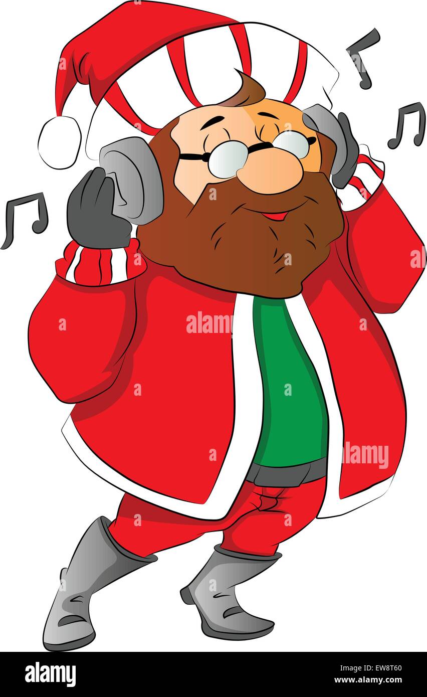 Vektor-Illustration Mann verkleidet als Weihnachtsmann, anhören von Musik über Kopfhörer. Stock Vektor