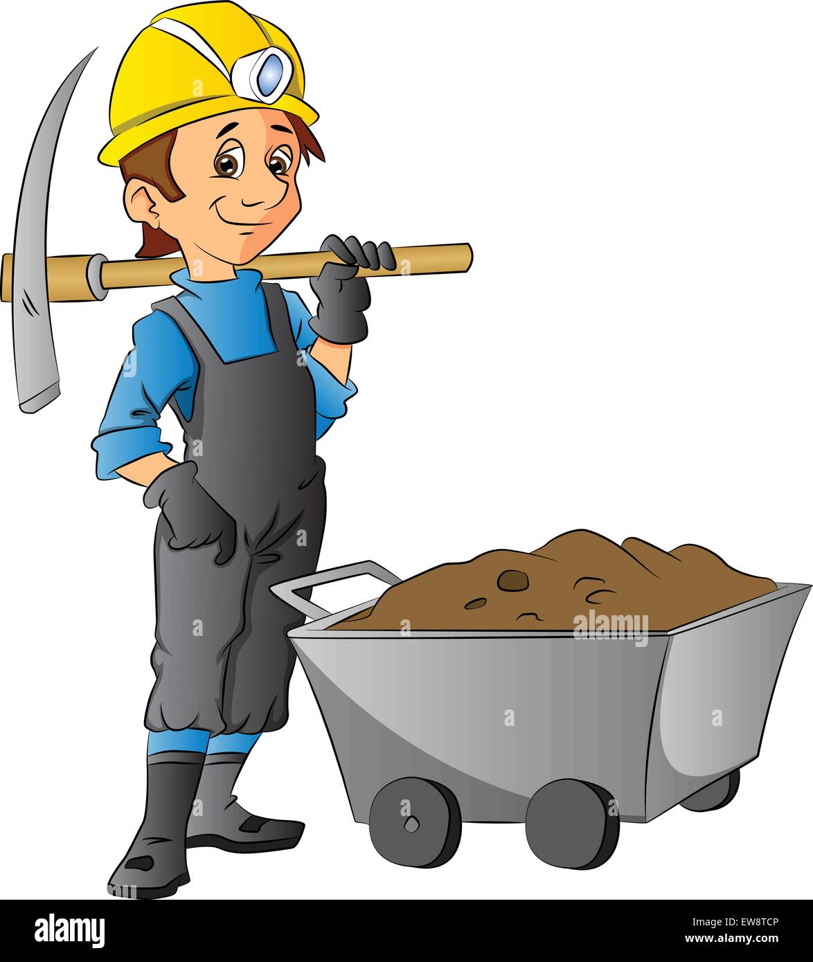 Vektor Illustration Der Bauarbeiter Mit Der Spitzhacke Neben Schubkarre Voller Schlamm Stock Vektorgrafik Alamy
