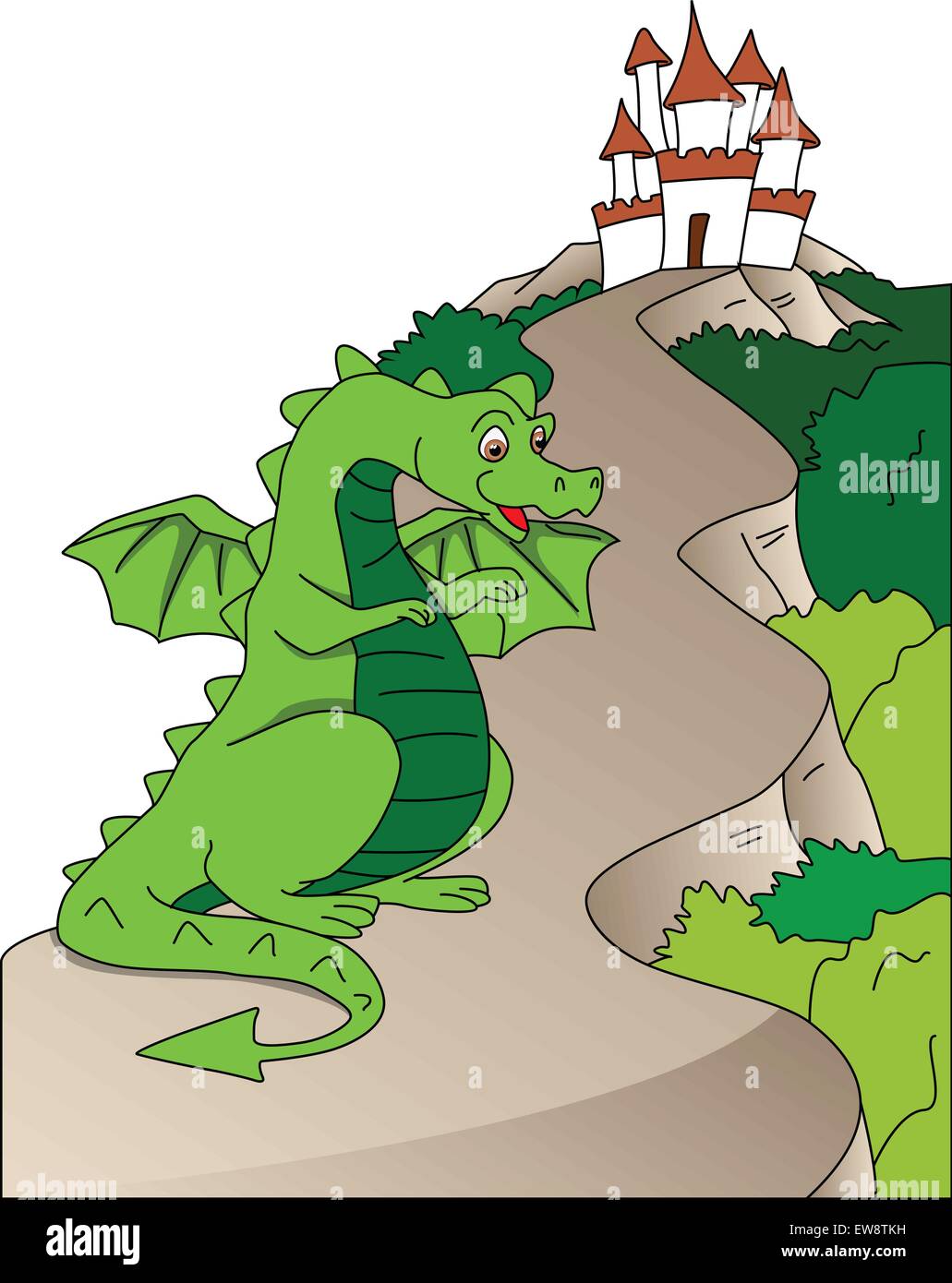 Vektor-Illustration fliegenden Drachen mit Mark Pfeilende am Weg in Richtung einer Burg. Stock Vektor