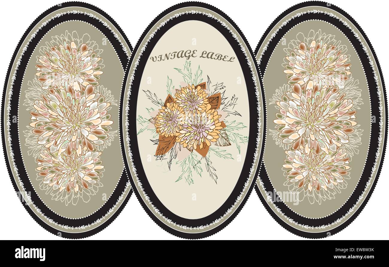 Drei 3 Vintage-Rahmen mit reich verzierten eleganten Retro-abstrakten floralen Design, bunte Blumen auf grauem Hintergrund auf Ellipse f Stock Vektor
