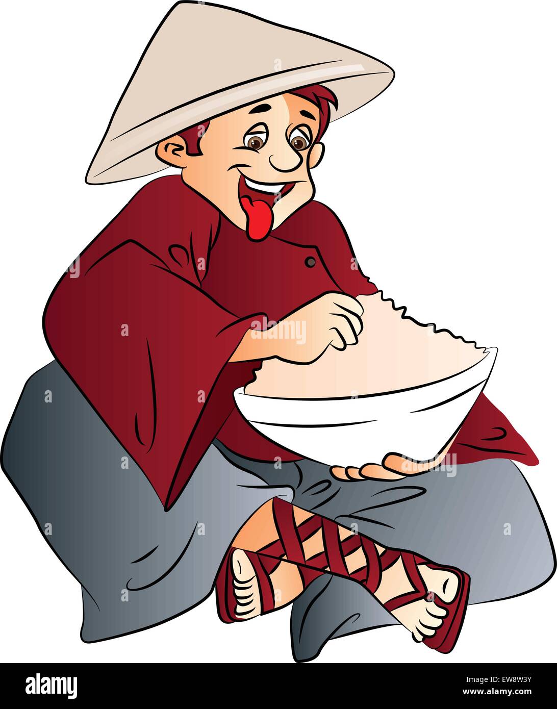Vektor-Illustration aufgeregt junger Mann mit einer Schüssel essen, konischen Hut. Stock Vektor