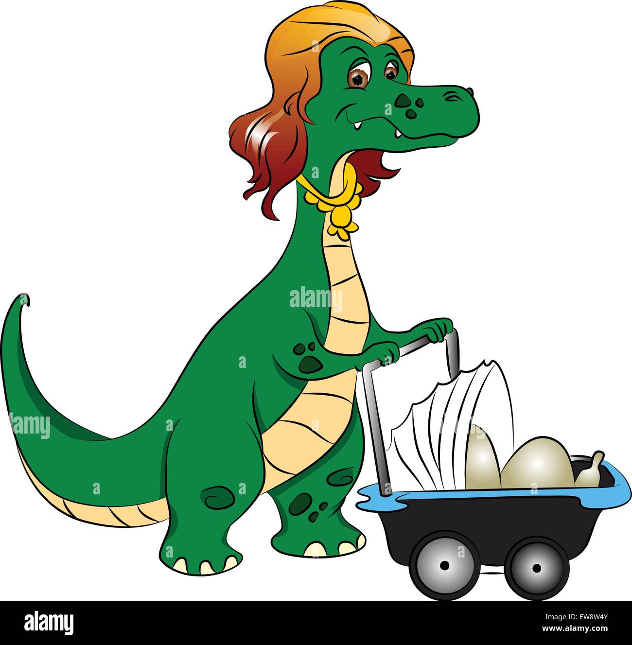 Vektor-Illustration eines sorgfältigen Mutter Dinosauriers drängen mit Kinderwagen mit Eiern drin. Stock Vektor