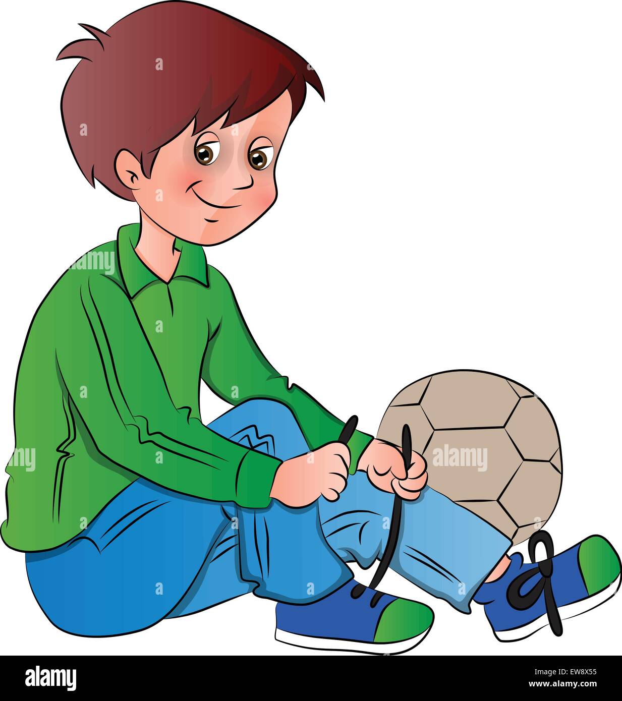 Vektor-Illustration der junge neben Fußball Schnürsenkel zu binden. Stock Vektor