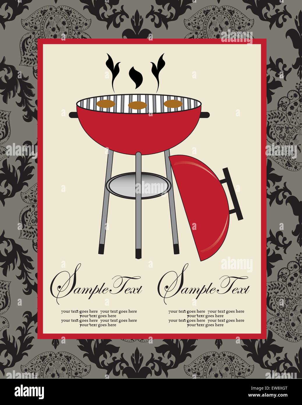 Vintage Grillparty Einladungskarte mit verzierten Elegante abstrakt Floral Design, schwarz auf grau mit roten Grill. Vector Illustration. Stock Vektor