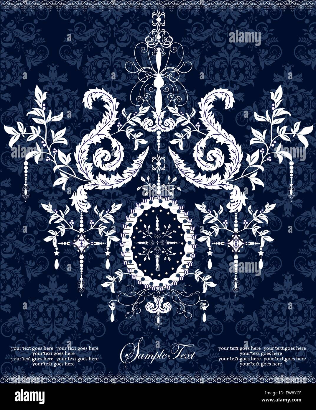 Vintage Einladungskarte mit reich verzierten eleganten abstrakten floralen Design, weiß auf blau. Vektor-Illustration. Stock Vektor