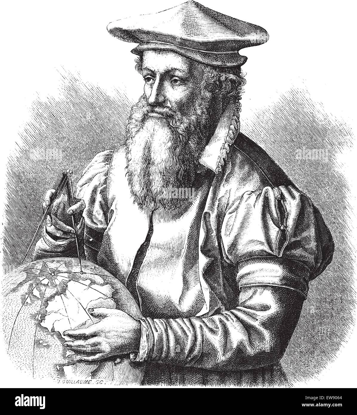 Gerard Mercator gravierte Vintage Illustration. Magasin Pittoresque 1875. Stock Vektor