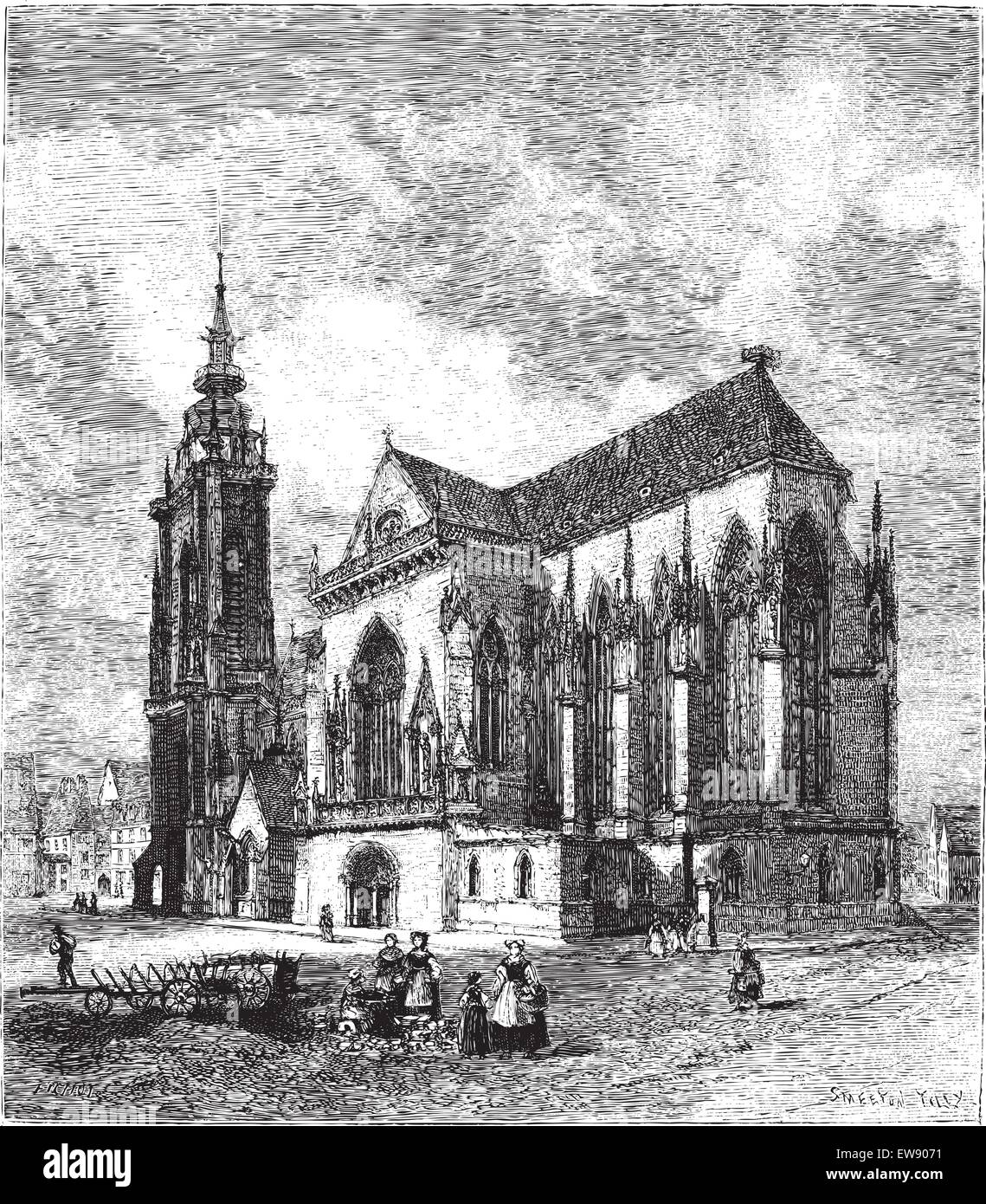 Sankt-Martins Kirche in Colmar, Frankreich, graviert Vintage Illustration. Le Magasin Pittoresque - Larive und Fleury - 1874 Stock Vektor