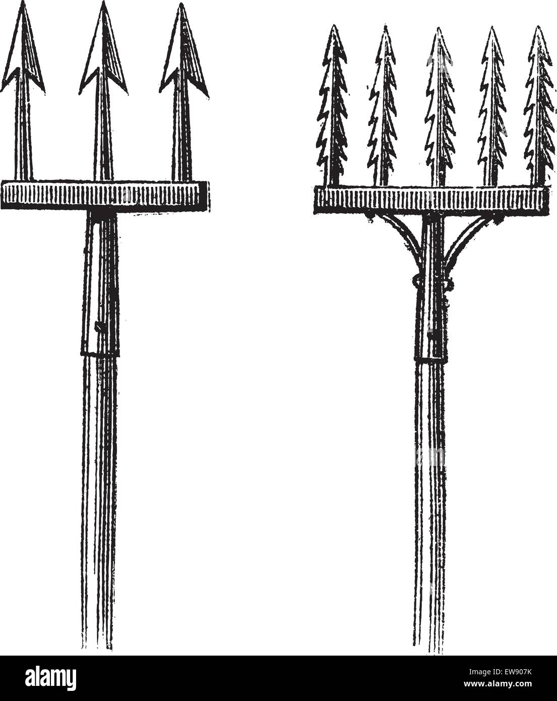 Abb. 88. Spears. Abb. 89. Fischerei ohne der Fischer, graviert Vintage Illustration. Magasin Pittoresque 1875. Stock Vektor