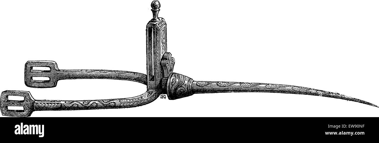 Sporn arabischen Stahl mit Kupfer und Silber, Vintage gravierten Abbildung eingelegt. Magasin Pittoresque 1875. Stock Vektor