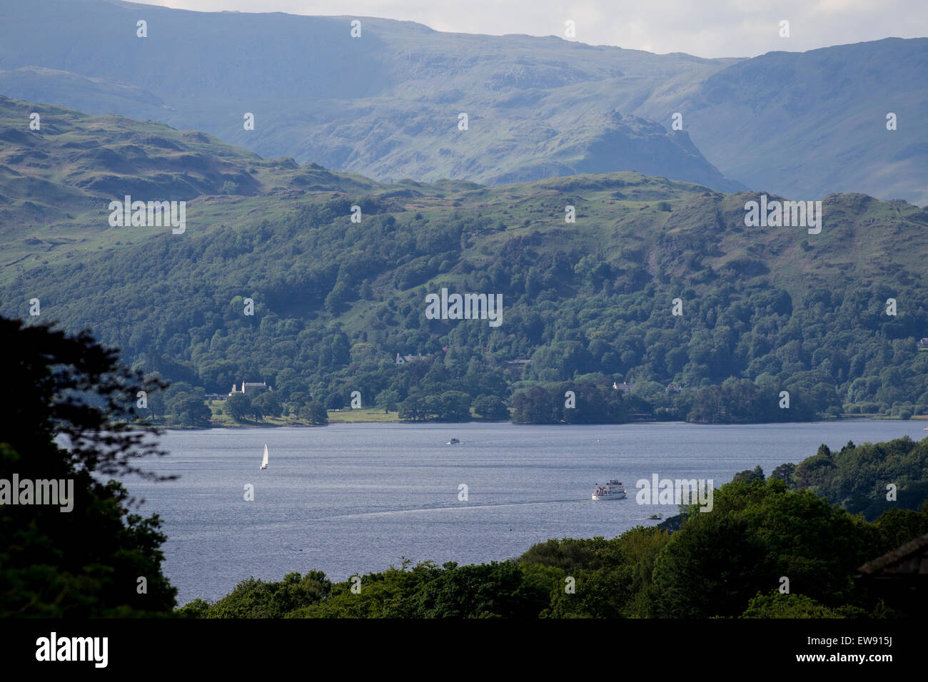 Lake Windermere, Großbritannien. 20. Juni 2015. Hellen sonnigen Nachmittag mit der Passagierdampfer der Schwan (gebaut 1938-77 Jahre alt) auf dem Weg nach Ambleside am Nordende des Lake Windermere mit Langdale Fjälls im Hintergrund Credit: Gordon Shoosmith/Alamy Live News Stockfoto