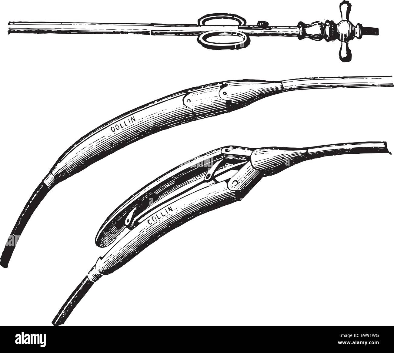 Speiseröhrenkrebs Dilatator graviert Vintage Illustration. Üblichen Medizin Wörterbuch - Paul Labarthe - 1885. Stock Vektor