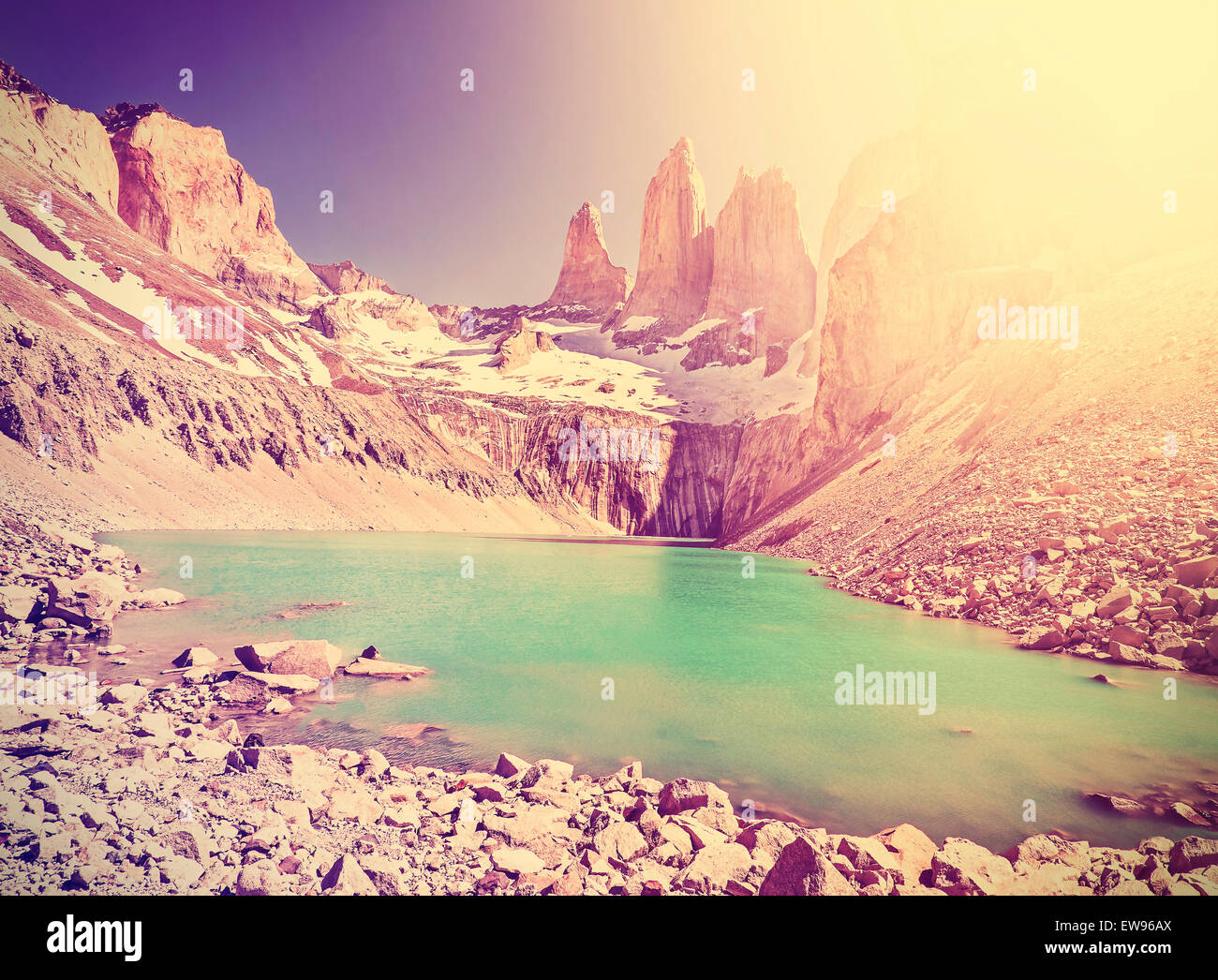 Vintage Instagram getönten Berge, Torres del Paine Nationalpark, Patagonien, Chile. Stockfoto